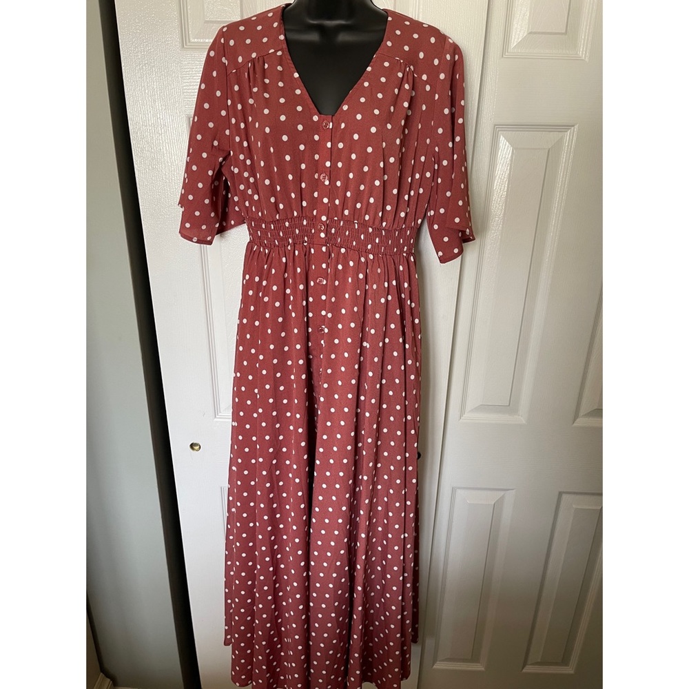 Wren & Ivory The Hamptoms Salmon & White Polka Dot Maxi Dress NWT